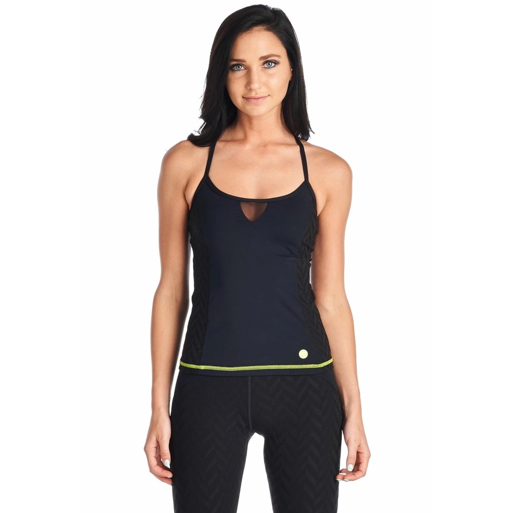 TRINA TURK WOMEN'S ACTIVE DRAPED JACQUARD MESH-INSET TANK TOP BLACK/GREEN NWT XS